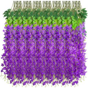 NiHome 48PCS Artificial Wisteria Hanging Flowers, 3.6ft Long Flexible Stems, Easy to Hang for Wedding, Party, Home, Office Decor, Indoor Outdoor Backdrops, Centerpieces, DIY Arrangements (Purple)