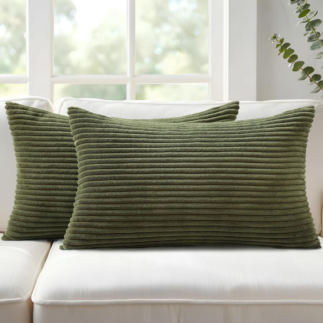 Mecatny Corduroy Summer Decorative Throw Pillow Covers 12x20 Set of 2 for Sofa Living Room, Soft Neutral Boho Couch Pillow Covers for Home Decor, Olive Green