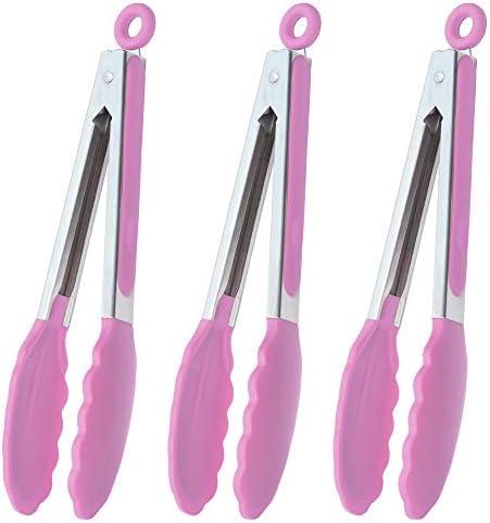 HINMAY Serving Tongs with Silicone Tips 9 Inches Stainless Steel Food Tongs, Set of 2(Pink)