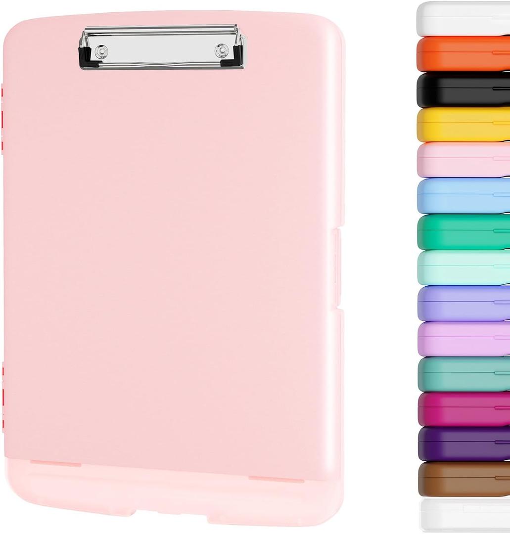 Piasoenc Clipboard with Storage, 8.5 x 11 Organization Box with Pen Holder and A4 Legal Paper Folder, Folio & Side-Opening, Low Profile Clip,for Nurses,Teachers, Size 14 x 9.6 x 1.2 in, Pink