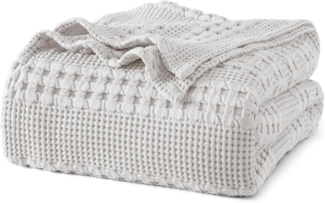 PHF 100% Cotton Waffle Weave Blanket Queen Size, Soft Lightweight Breathable Cozy Summer Blankets for Bed, Luxury Aesthetic Woven Bedding for Home Decor, 90"x90", Light Grey (Queen(90"x90"))