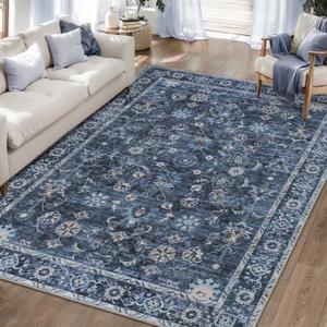 Tangsoo 5x7 Blue Area Rug for Bedroom Living Room, Washable Vintage Floral Rug Non Slip, Low Pile Stain Resistance Distressed Retro Indoor Boho Carpet for Laundry Farmhouse Dinning Room Mat Home Decor