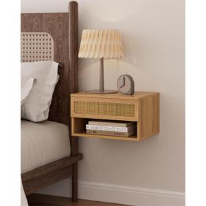 Floating Nightstand, Small Modern Floating Nightstand with Drawer, Floating Shelves for Bedroom, Bathroom (Oak Rattan)