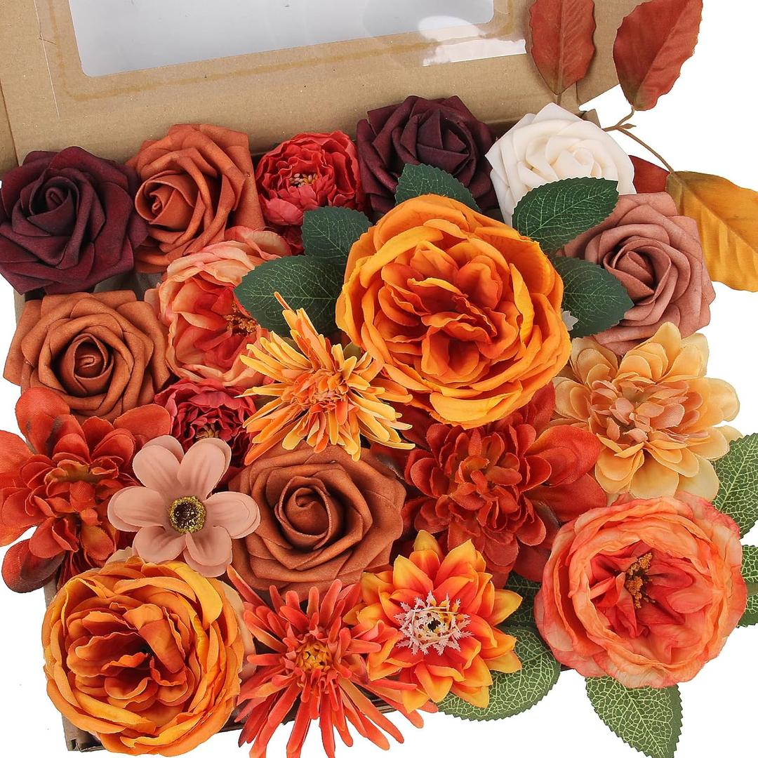LELEE Fall Artificial Flowers Combo Box Set Orange Faux Flowers Bulk Foam Silk Flower Leaf with Stems for DIY Wedding Bouquets Centerpieces Cake Baby Shower Party Home Fall Decorations