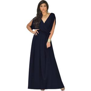 KOH KOH Womens Long Semi-Formal Short Sleeve V-Neck Full Floor Length V-Neck Flowy Cocktail Wedding Guest Party Bridesmaid Maxi Dress Dresses Gown Gowns, Dark Navy Blue XL 14-16