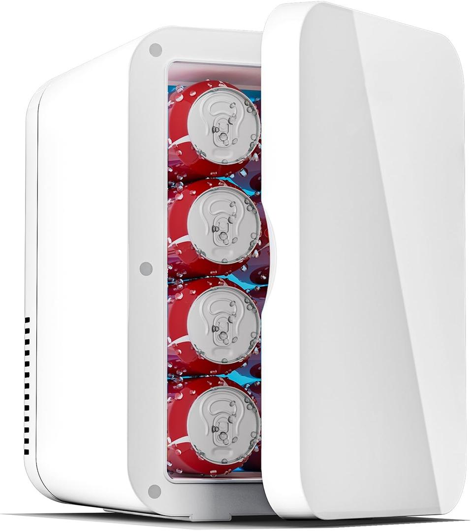 Mini Fridge for Bedroom - 8 Liter/8 Can Portable Refrigerator for Car, Office, Dorm - Quiet Cooler & Warmer for Food, Drinks, Makeup & Skincare - AC/DC Power Supply