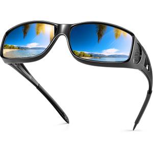 Night Driving Glasses Night Vision Glasses Fit Over Glasses Polarized Anti-Glare UV400 Gift for Men Women (Blue Mirrored Lens / Glossy Black Frame)