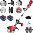 Electric Weed Wacker with Wheel, 3-in-1 Brushless Brush Cutter/String Trimmer/Grass Trimmer/Lawn Mower, 12" Cordless Weed Eater Battery Powered, 2 * 4000mAh Battery, 4 Blade and Charger