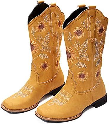 gloryinterest Cowboy Boots for Women Mid Calf Cowgirl Western Boots Sunflower Embroidery Stitched Square Toe Low Heel Black Brown Yellow US6-10.5, Size: 42
