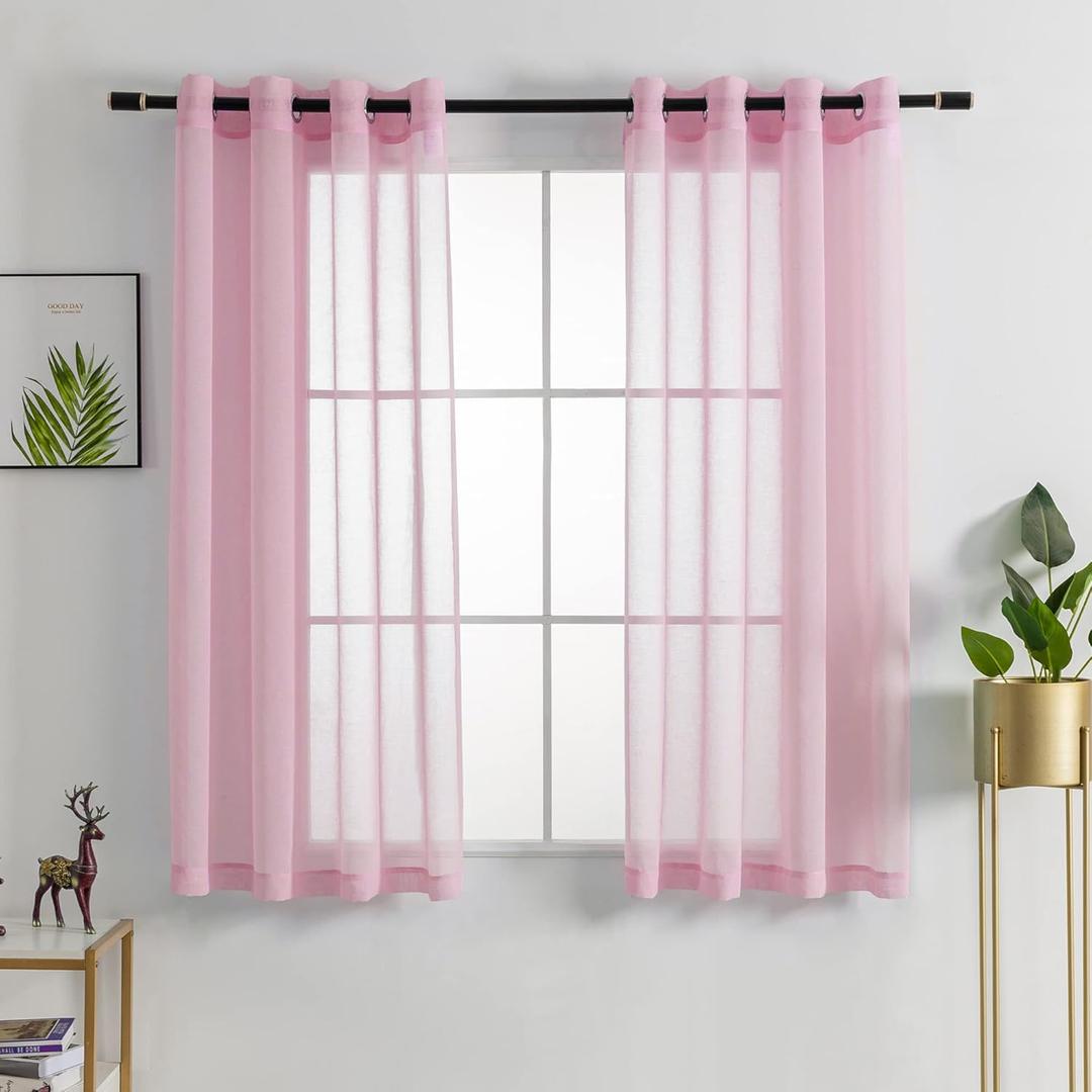 HUTO Set of 2 Panels Solid Color Pink Sheer Curtains Elegant Grommet Top Window Voile Panels/Drapes/Treatment for Bedroom Living Room (54X45 Inches)
