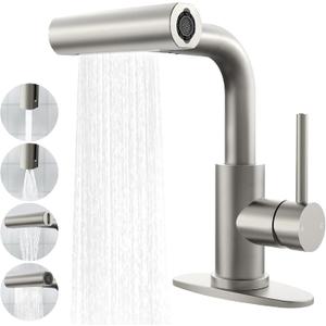 Brushed Nickel Bathroom Faucet with Sprayer - Brushed Nickel Bathroom Faucets for Sink 1 Hole or 3 Holes, 4 Mode Single Handle Vanity Faucet Waterfall Bathroom Faucet with Pull Down Sprayer (No Drain)