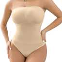 Women's Strapless Shapewear Bodysuit Tummy Control Seamless Sculpted Body Shaper with Removable Straps (Large, Thong-1-skin)