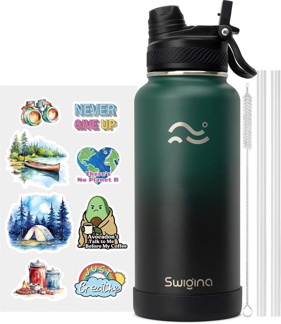 Insulated Water Bottle with Silicone Boot (36hrs Cold/18hrs Hot) - DIY Stickers, [2-in-1 Lid], BPA Free, 32 oz (Jungle-Black)