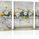 WELMECO Bathroom Decor Wall Art Flower Bathtub Painting Bathroom Signs Relax Soak Unwind Prints Framed 12"x16"x3 Pieces (Yellow)