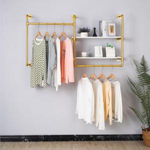 Industrial Pipe Wall-Mounted Clothing Rack with 2 Wood Shelves - Heavy Duty Double Rod Metal Garment Organizer for Bedroom/Retail Stores, Gold (30H12.5D59W inch)