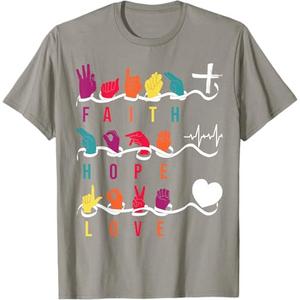 Faith Hope Love ASL American Sign Language T-Shirt, 1X, Grey