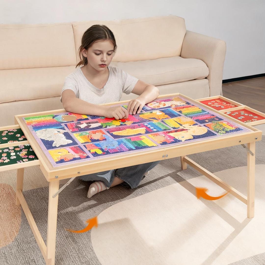 Foldable Puzzle Table with Legs, 34"x 26" Wooden Puzzle Board with Drawers & Covers, Portable Jigsaw Table for Adults, 1500 Pieces Folding Puzzle Board for Jisgaw Puzzle, Birthday Gifts for Mom