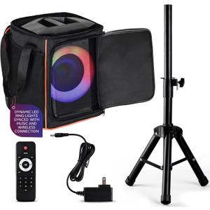 Pyle Portable Bluetooth Speaker with 8" Inch Woofer, TWS, Mic Input, USB/SD/FM Radio, Colorful Ring Lights, 120 W Rechargeable Battery, Tripod Stand & Speaker Bag, Hi-Fi Sound, Outdoor/Indoor Use