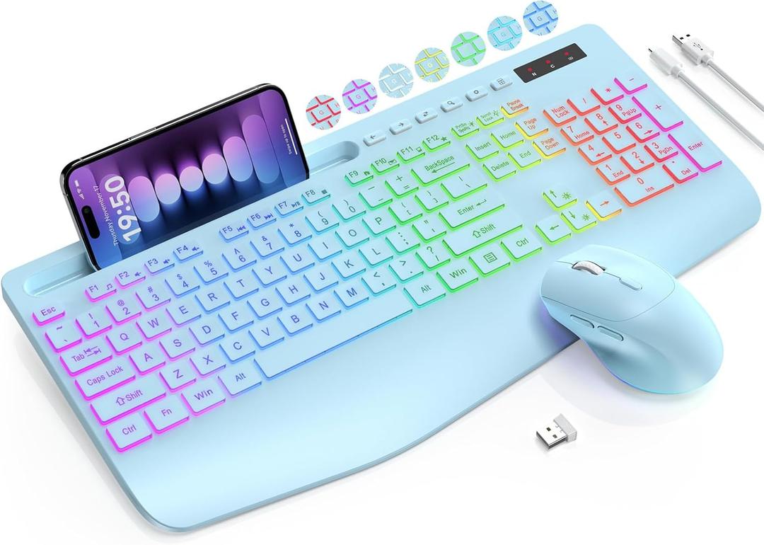 Wireless Keyboard and Mouse Combo, 9 Backlit Effects, Wrist Rest, Phone Holder, 3 DPI Speed, 2.4G Ergonomic Keyboards, KM22 MAX Rechargeable Silent Set for Computer, Laptop, Mac, Windows, Blue-SABLUTE