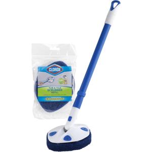 Clorox Extendable Tub & Tile Scrubber with Polyurethane Head Heavy Duty Bathroom Cleaning Brush with Bonus Refill, Pivoting Head, Replaceable Pad, Works with Clorox Wipes
