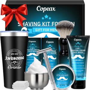 Shaving Kit for Men,Mens Shaving Kit w/Natural Cologne Shaving Cream,Balm,Bowl,Tumbler Cup,Mens Self Care & Grooming Valentines Fathers Day Birthday Gifts for Men Dad Him Boyfriend Christmas Gift Set (Blue)