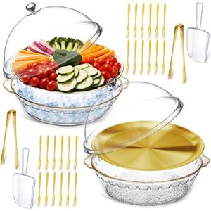 Baderke 11.8" Chilled Serving Tray for Parties with Compartments and lid Ice Chilled Party Platter Charcuterie Serving Board Cold Dish Dip for Fruit Seafood Vegetable Shrimp Cocktail (Gold,2 Pcs)