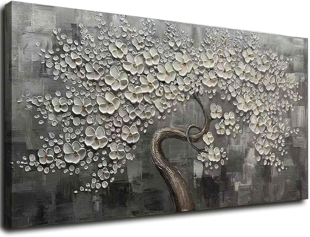 SDYA Flower Tree Wall Art Painting for Living Room White Botanical Picture for Bedroom Office Kitchen Home Decor Wall 30x60 Inches (29"x58", Black)