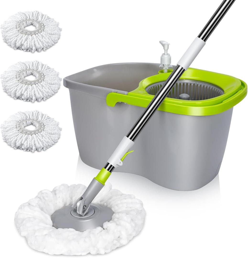 MASTERTOP Mop and Bucket with Wringer Set, Spin Mop Cleaning System with 3 Mop Pads,Spinning Mop Bucket for Floor Cleaning, 50.4" Extended Handle (Gray + Green)