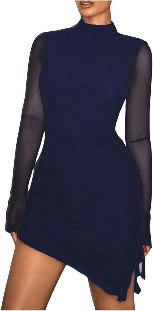 SHENHE Women's Mock Neck Ruched Drawstring Slit Long Sleeve Mesh Sexy Bodycon Mini Dress (Dark Blue Solid, XX-Small)
