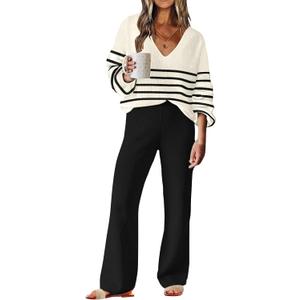 ETCYY NEW Womens 2 Piece Outfits Sweater Lounge Set Casual V Neck Knit Pajama Set Long Sleeve Top Wide Leg Pants Loungewear (Medium, Stripewhite)