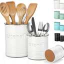 FoldTier 2 Pack Kitchen Utensil Holder for Counter 6.7"+4.7" Farmhouse Cooking Utensil Crock with Cork Bottom Modern Farmhouse Decors Countertop Storage Organizer Caddy Housewarming Gift (White)