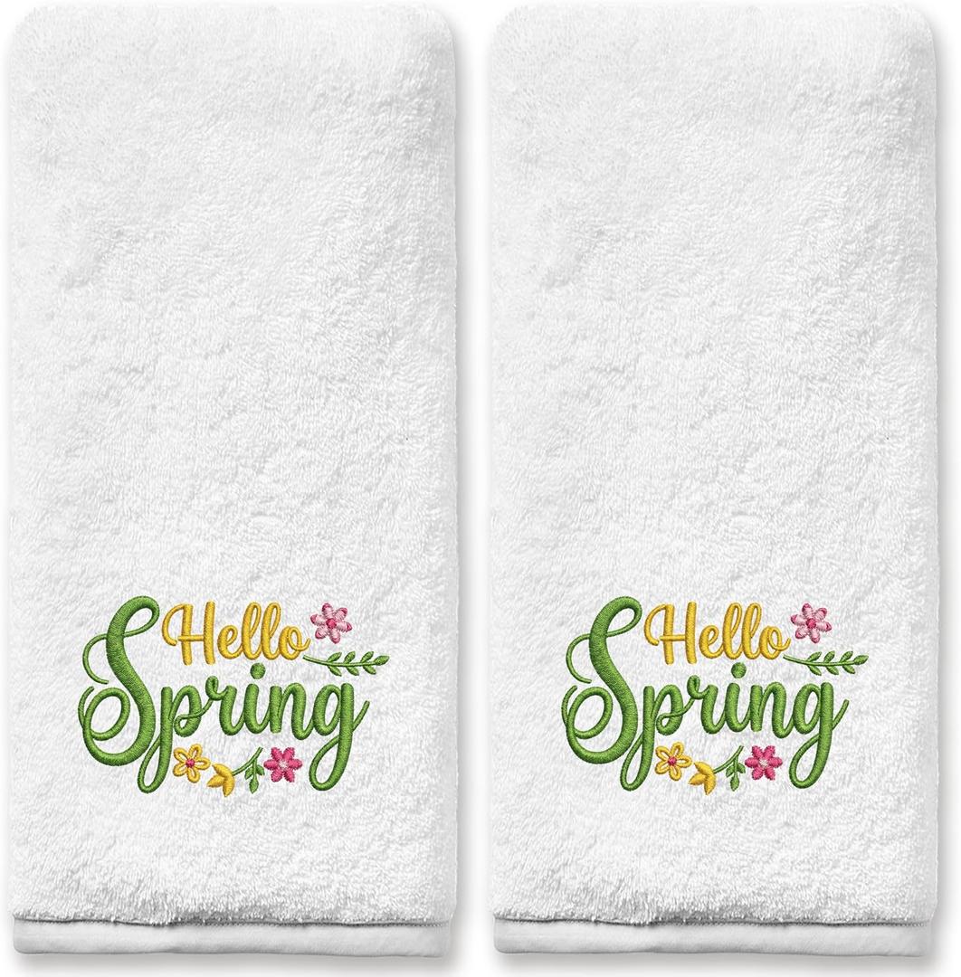 FUTBU Spring Hand Towels 14x30 Inches for Bathroom, Embroidered Towels for Bathroom Set of 2 Holiday Spring Flowers Gifts Decorations 100% Cotton Soft Towels for Kitchen Bath Green