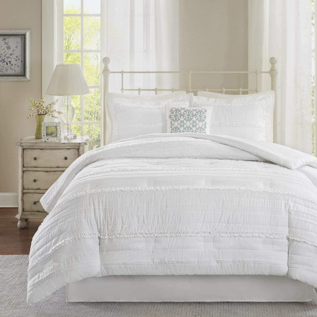 5 Piece White Solid Ruffled Stripes Pattern Comforter Queen Set, Beautiful Stylisg ruched Horizonral Stripe Design, Boho Shabby Chic Print, Reversible Bedding, Classic French Country Style, Unisex