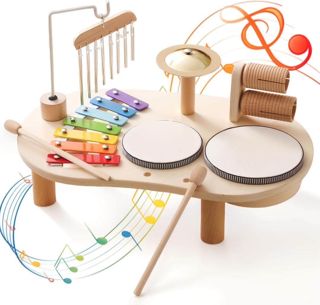 Promise Babe Wooden Drum Set for Toddlers 1-3, Musical Percussion Instruments for Kids Baby Drum Set Xylophone, Montessori Educational Musical Toys for Girls Boys Ages 3+