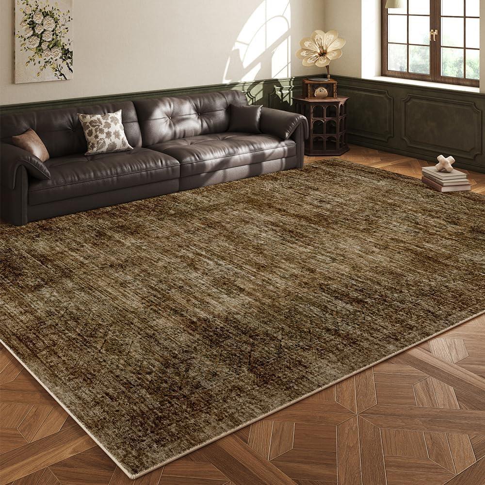 Area Rug 5x7 Washable Rug/Machine Washable Brown Vintage Traditional Floor Cover Foldable Thin Retro Style Indoor Distressed Non-Slip Carpet Bedroom Living Room Dressing Table (Green and Brown)