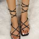 GORGLITTER Women's Summer Strappy Beach Sandals Dressy Leather Lace Up Thong Gladiator Cute Vacation Sandals Shoes 2026 Black 8.5