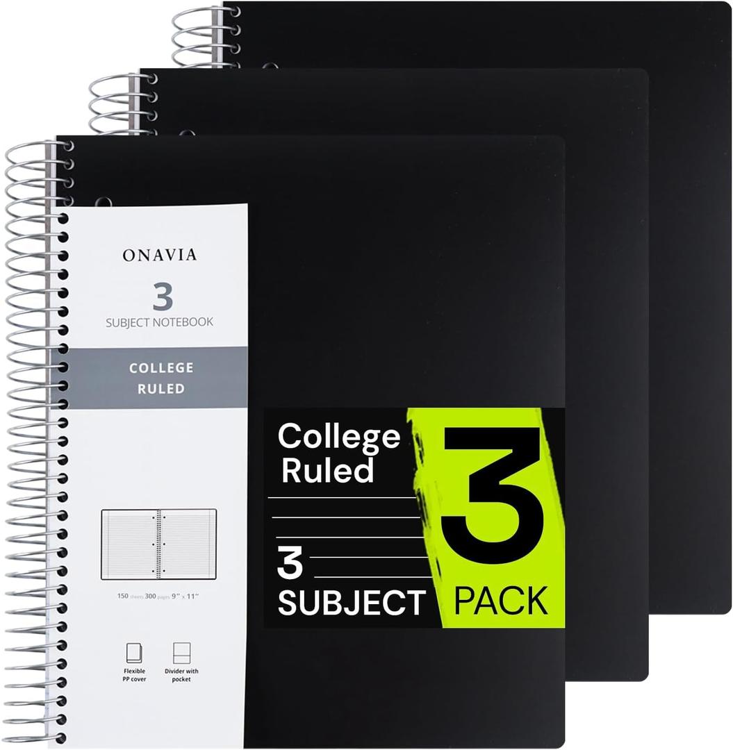 Spiral Notebook for School 3 Pack, 3 Subject, College Ruled Paper, 150 Sheets, 9" x 11", 3 Dividers with Pockets, 3 Hole Punched Perforated, Plastic Cover, Lined Journal Bulk, Black