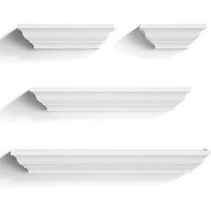 SRIWATANA White Floating Shelves, 24 Inch Solid Wood Storage Wall Shelves Set of 4 Display Ledge Shelves Decor for Bedroom, Living Room, Bathroom, Kitchen - White