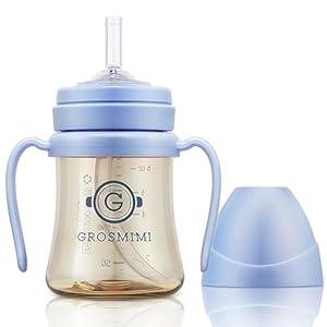 GROSMIMI Spill Proof no Spill Magic Sippy Cup with Straw with Handle for Baby and Toddlers, Customizable, PPSU, BPA Free 6 oz (Beige)