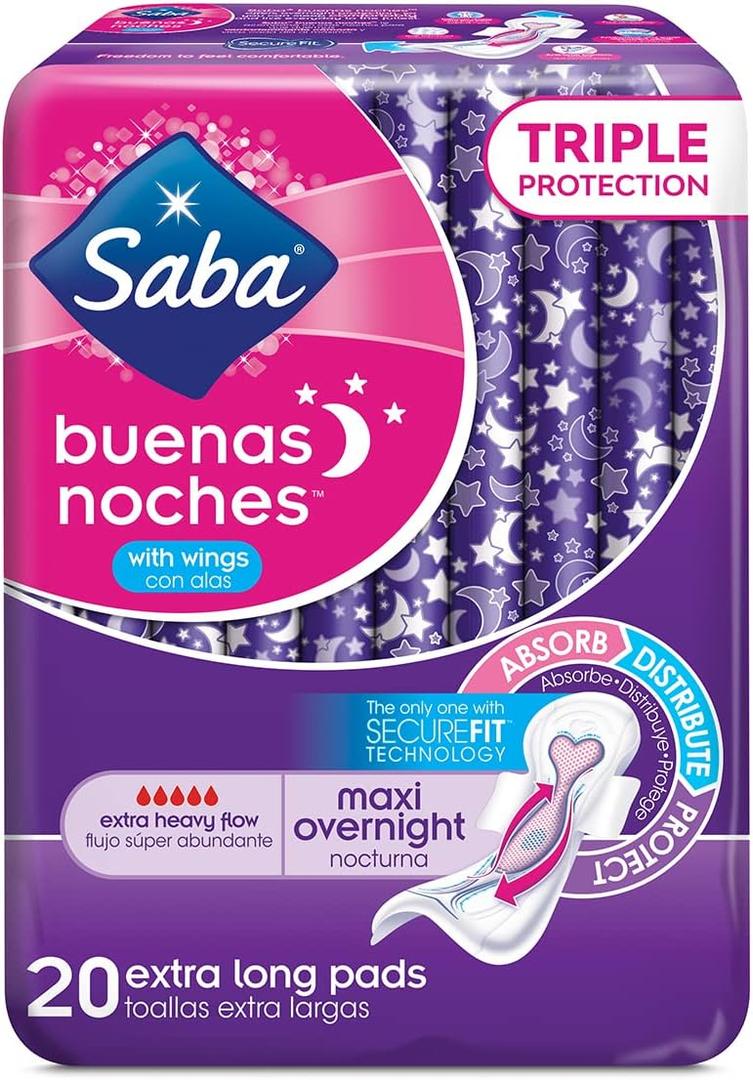 Saba Buenas Noches Overnight Maxi Pads with Wings, Built for Absorption Distribution and Protection, The Ultimate Overnight Feminine Care Pad for Women, 60 Pads 120 Count (6 Packs of 20)