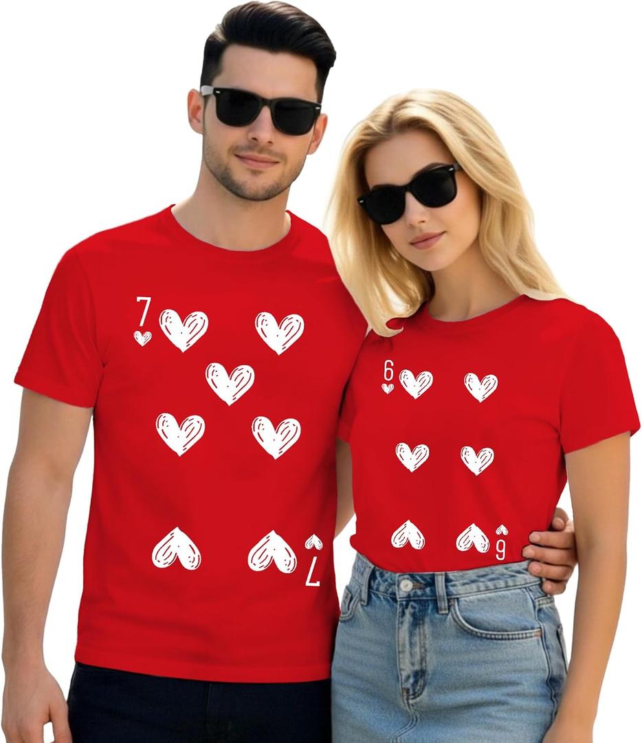 Valentines Shirts for Couples Matching 67 Hearts T-Shirt Six Seven Tee Tops (Red, L)