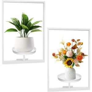 Picture Frame Plant Holder, White Wall Plants Hanger Indoor and Outdoor, Wall-Mounted Metal Hanging Planters Decor Rack, Modern Window Potted Stand Shelves for Living Room Balcony Patio (2Pcs)