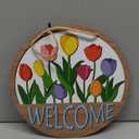 Welcome Spring Tulip Flower Front Door Sign, Farmhouse Floral Wood Plaque Hanger Outdoor Outside Porch Home Decor, Rustic Summer Wooden Wreath Indoor Wall Hanging Decoration