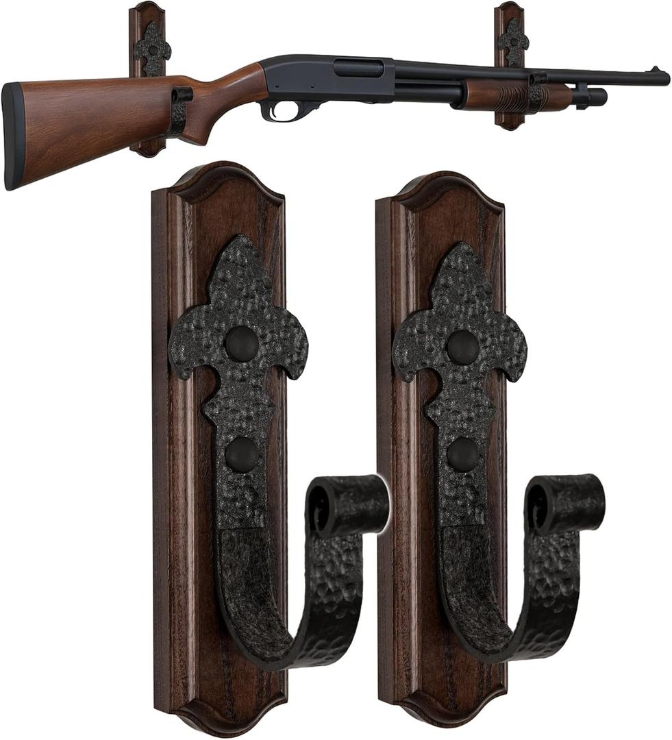 TESLYAR Gun Rack for Wall  Horizontal Gun Wall Mount with Metal Hooks  Rifle Rack Wall Mount  Shotgun Wall Mount  Wood Gun Holder for Wall Display  Stylish Indoor Gun Racks