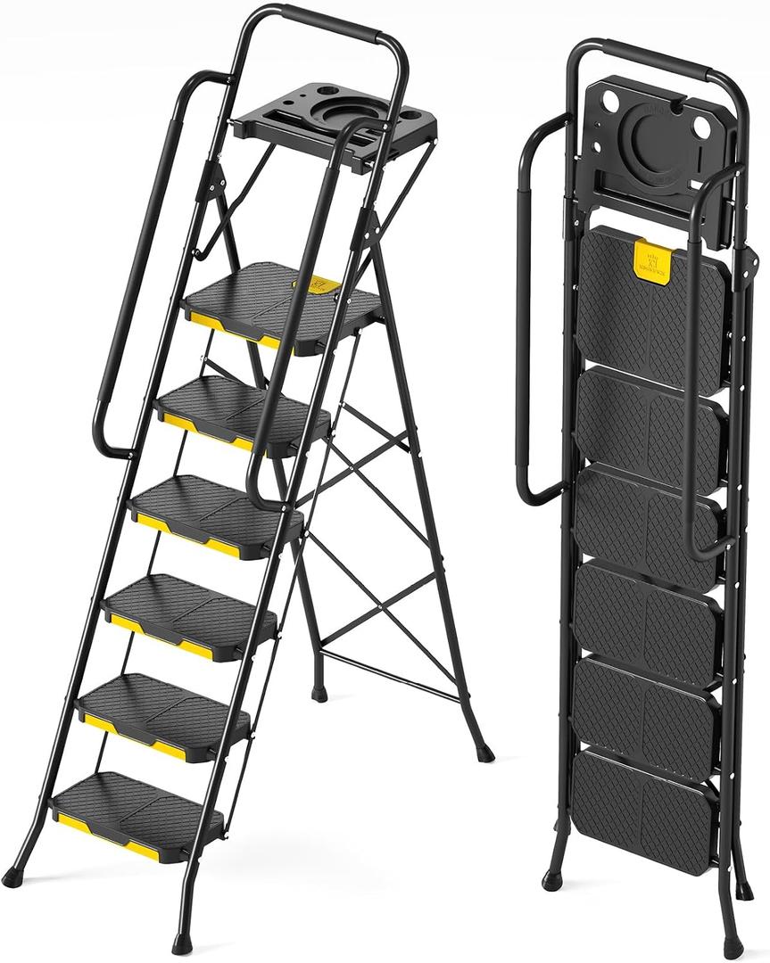 KINGRACK 6 Step Ladder with Tool Platform, Folding Step Stool with Handrails, Sturdy Steel Ladder with Wide Pedal, 800 LBS Portable Safety Ladder for Painting Home Outdoor Garage