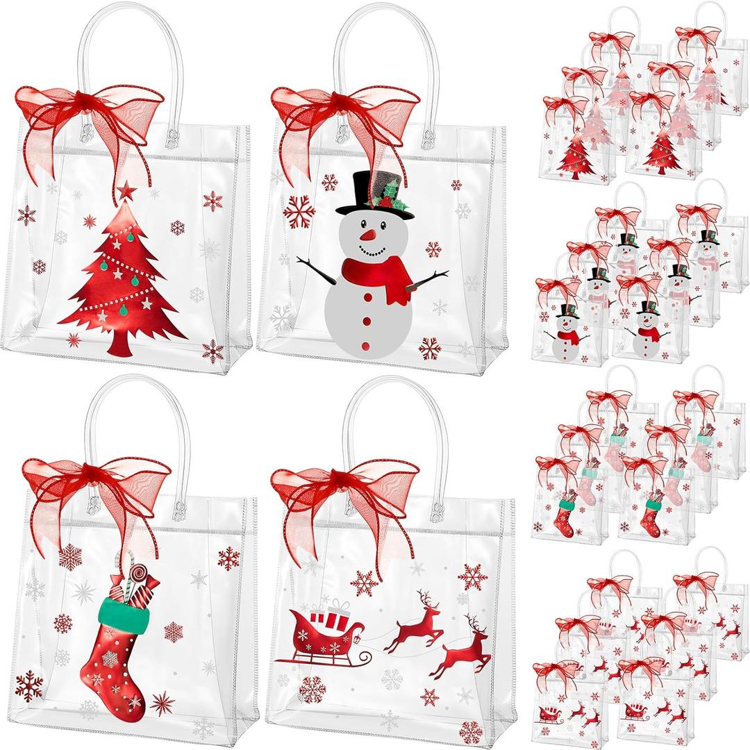 Henoyso 24 Pcs Christmas Clear Gift Bags Plastic Candy Treat Goodie Bags Red Foil Santa PVC Wrap Totes with Handles and Ribbon Xmas Party Favors (Red Christmas, 7.8 x 7.8 x 3.1 Inch)