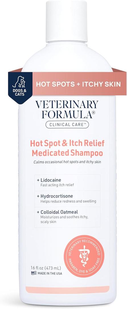 Veterinary Formula Clinical Care Hot Spot & Itch Relief Medicated Shampoo for Dogs and Cats 16oz  Helps Alleviate Sensitive Skin, Scratching, and Licking of Coat