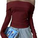 SOLY HUX Women's Off The Shoulder Top Long Sleeve Going Out Tops Slim Fitted T Shirt Fall Clothes Pure Burgundy Small