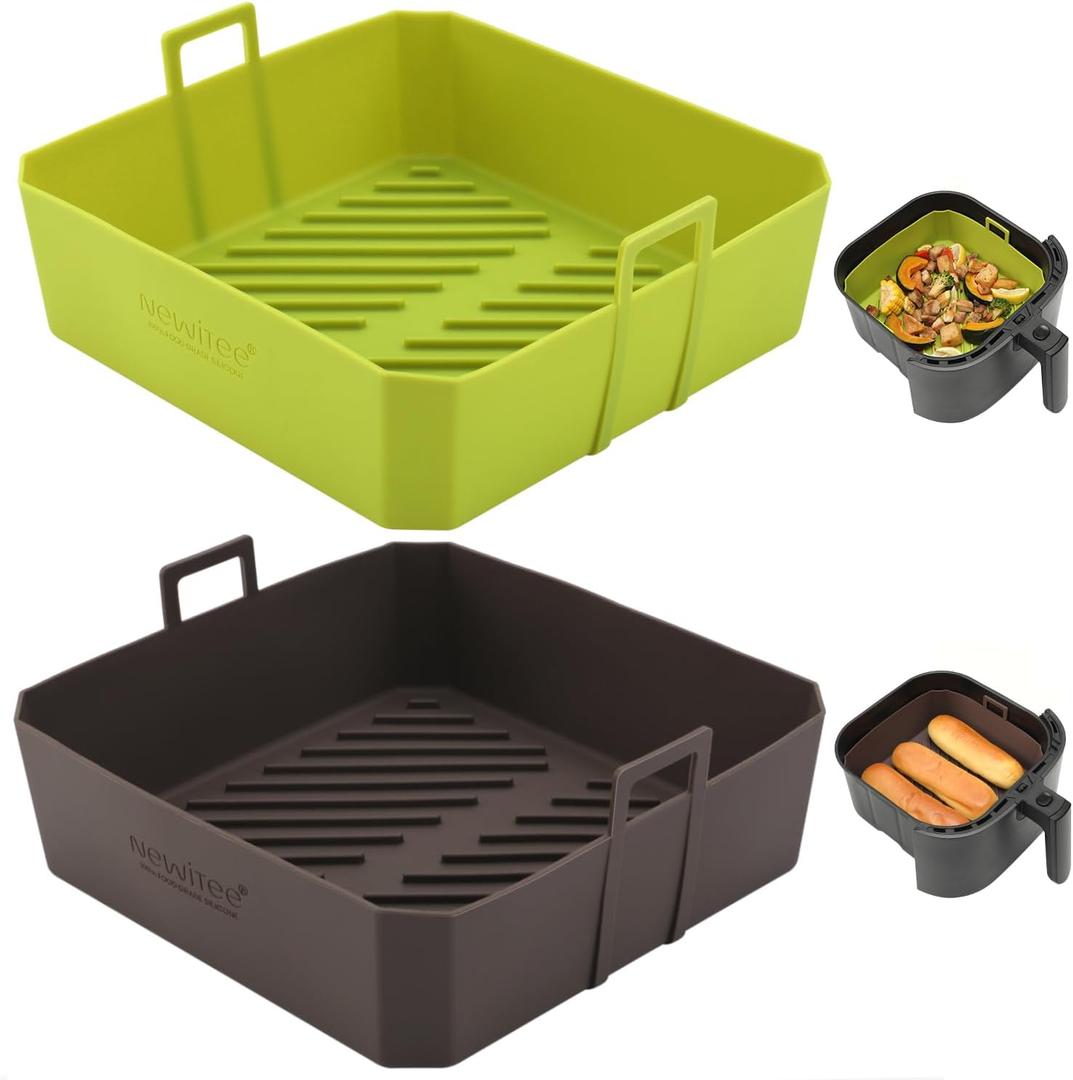 5 QT Air Fryer Silicone Liners for Ninja AF141/AF142/AF181/AF182 & COSORI CAF-L501, 2 Pack BPA Free Platinum Silicone Basket, Square Reusable Air Fryer Liners with Handle, Upgrade
