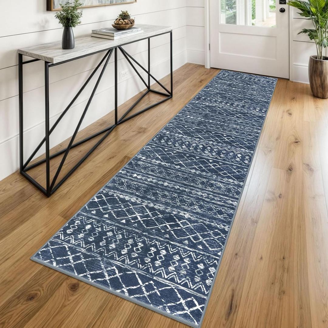 KUTA Boho Runners for Hallways 2x8 Navy Blue Moroccan Washable Runner Rug Non-Slip Vintage Kitchen Rugs Ultra Soft Distressed Geometric Floor Carpet for Bedroom Laundry Living Room